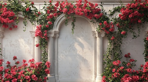 Fototapeta Naklejka Na Ścianę i Meble -  Beautiful rose-laden arches create a romantic and vibrant setting, with lush greenery and soft light enhancing the elegance.