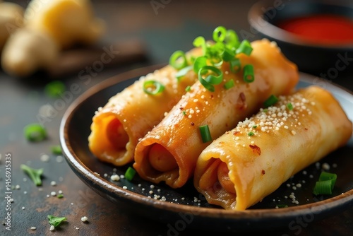 Obraz na płótnie Crispy spring rolls, ginger, scallions, garnish, ginger, wonton, roll w salonie