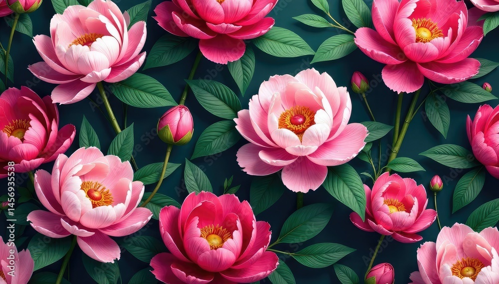 Bold, large-scale peony blossoms, lush green foliage, repeating pattern, repeat, mural, nature
