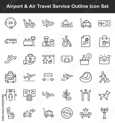 Diverse airport services are represented through a collection of outline icons featuring travel and airport related elements
