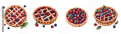 Watercolor set of berry pies decorated with wild berries and mint leaves. Sweet pie with raspberries and blueberries decorated with mint leaves. Vector illustration.