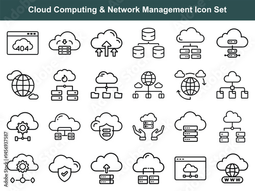 Isolated black outline cloud computing icons represent data storage, networking, and server management technology