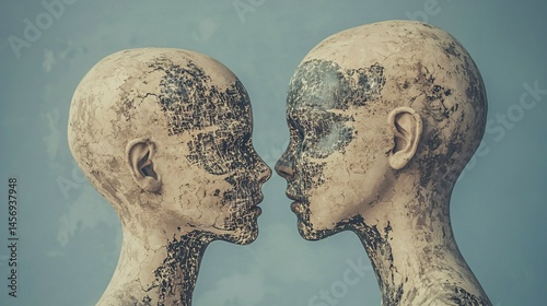 symbolic photo of two people facing each other, one clearly distorted like a glitch while the other appears composed, representing the reality shift caused by gaslighting. distorted perception, 