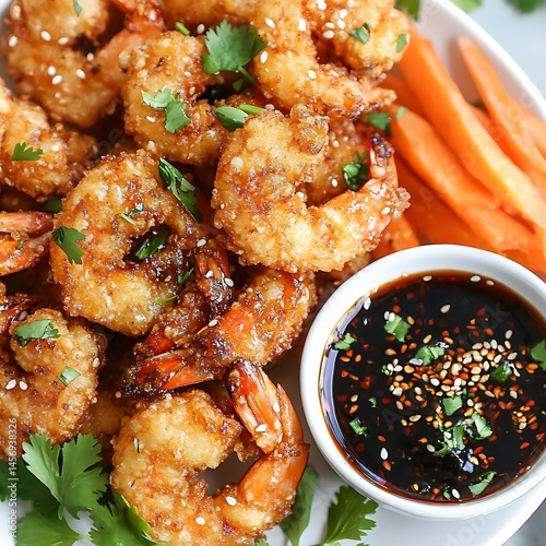 Golden Crispy Fried Shrimp with Soy Sauce and Fresh Garnish,crispy Fried Shrimp with Soy Sauce and Fresh Garnish,crispy shrimp tempura with light dipping sauce,illustrating a restaurant,Delicious,Ai