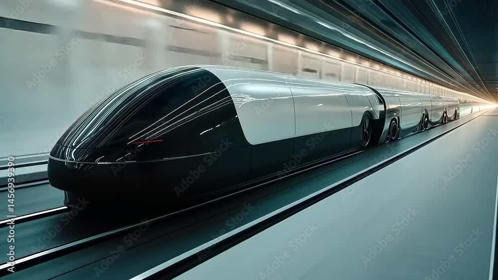 Future of Transport: A Sleek Hyperloop Train Glides Through an Illuminated Tunnel
