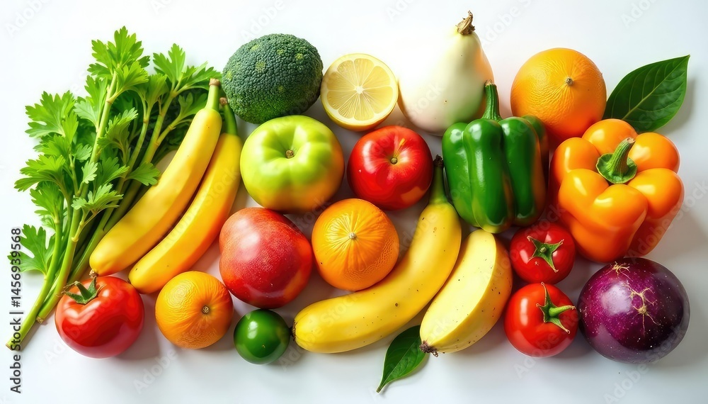 Variety of organic fruits and vegetables on white backdrop, still life, wholesome, bio Variety of organic fruits and vegetables on white backdrop, still life, wholesome, bio