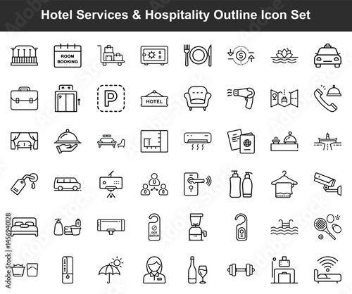 Outlined icon set showcases various hotel services and amenities offered to guests during their stay