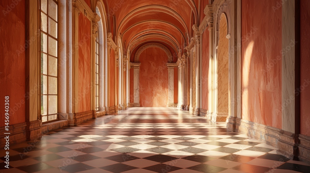 Obraz premium Long elegant hallway with classical arches and terracotta hues bathed in warm directional light