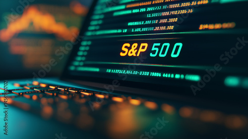 S and p 500 index showing on a computer screen with stock exchange,trading,financial data in background.