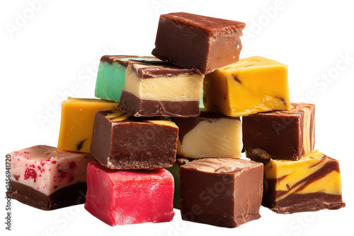 A close-up shot of a colorful stack of fudge pieces on a black background