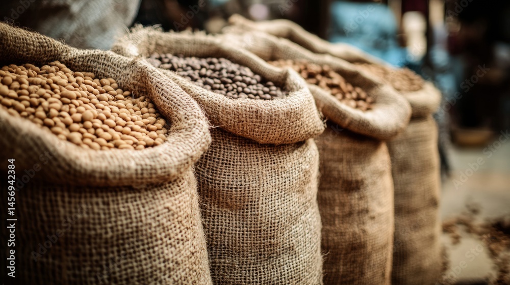 Obraz premium Jute sacks filled with grains and spices in traditional market stall environment