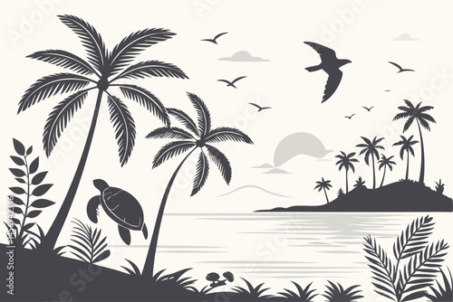11 Tropical beach silhouette, palm trees, sea turtles, sunset, ocean horizon, flying birds, exotic foliage, black and white illustration, minimalist design, symmetrical composition, tranquil scene, ve