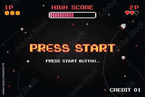 PRESS START INSERT A COIN TO CONTINUE .pixel art .8 bit game. retro game. for game assets .Retro Futurism Sci-Fi Background. glowing neon grid. and stars from vintage arcade computer games