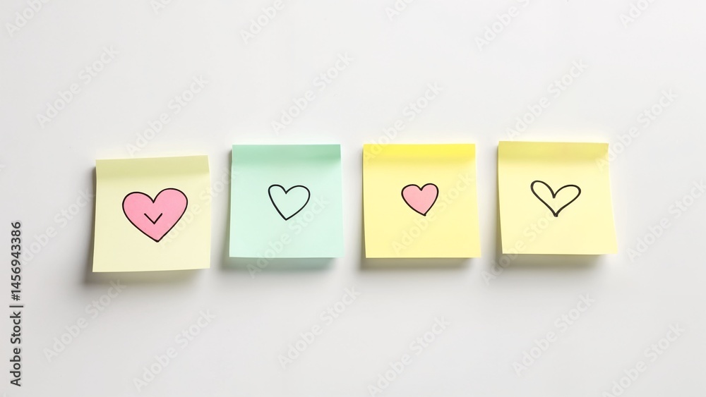 A row of three colored post-it notes with hearts drawn on them. A row of three colored post-it notes with hearts drawn on them.