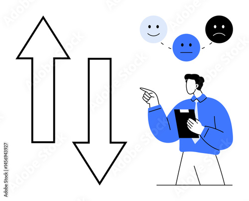 Person with clipboard pointing at emotional faces indicating feedback, beside arrows of opposite directions. Ideal for business, feedback analysis, decision-making, employee evaluation, customer