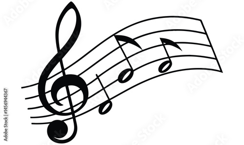 A black treble clef vector illustration with musical notes dances across the staff, a symbol of melody and sound in a swirl design