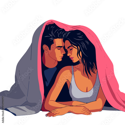 Loving couple sharing warmth under blanket fort, bold self-expression