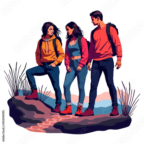 Group of friends enjoying a hike in vibrant pop art style, confidence