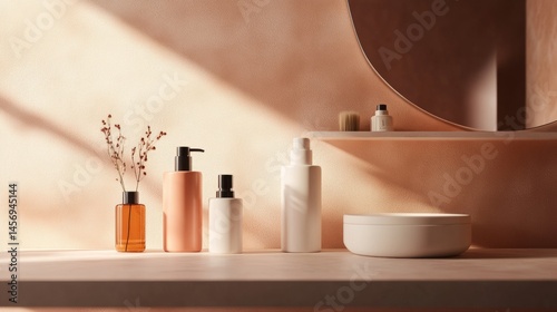 Neutral toned spa-style bathroom with minimal product bottles and ceramic decor