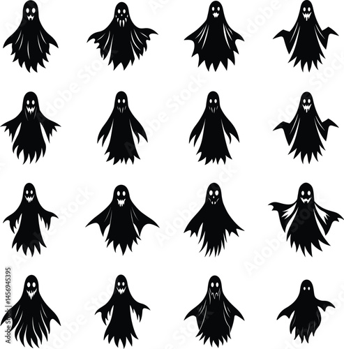 set of Halloween floating ghost silhouette 