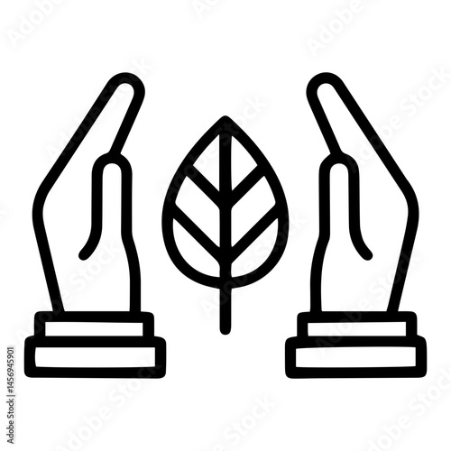 Hands protecting plant (outline style). Two hands gently cradle and protect a growing plant, symbolizing care, conservation, or nurturing nature. Represents environmental protection, the preservation