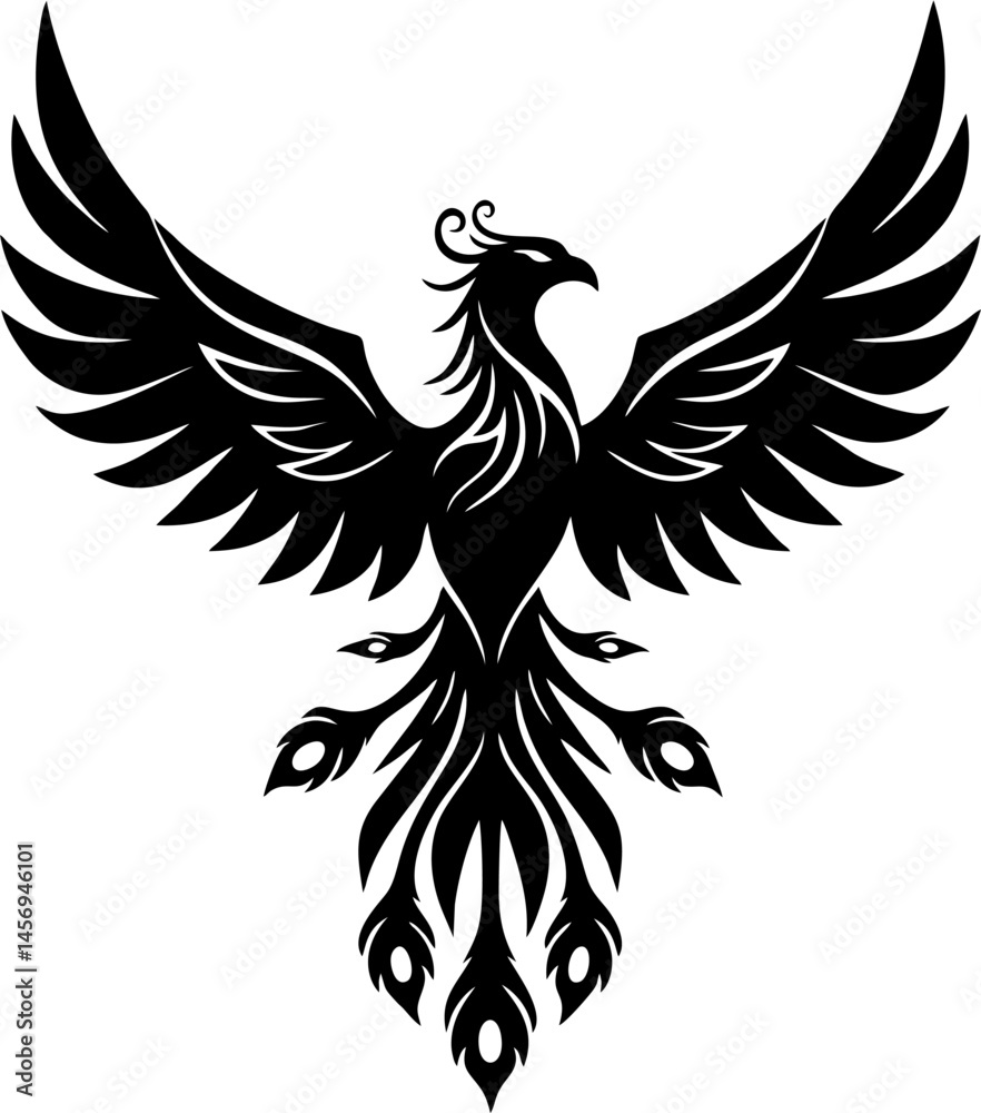 Fototapeta premium Phoenix Tattoo with Geometric Feather Fractal Design in Vector Style