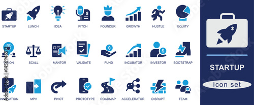 Startup icon set. Modern line art startup icons covering innovation, launch, pitch, funding, growth, and success. Perfect for UI, apps, websites, and digital branding.