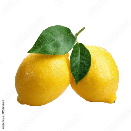 Bright Yellow Lemons with Leaf Detail on Transparent Background, PNG