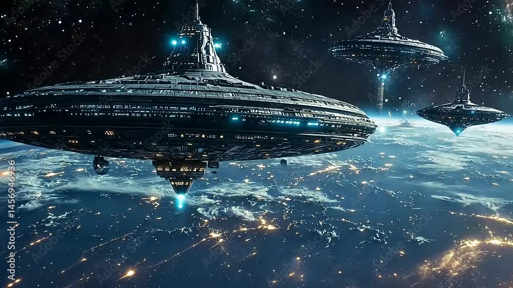 Futuristic extraterrestrial space platforms orbiting above a glowing planet