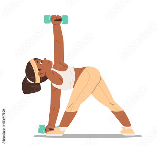 Cute African American sporty girl in sportwear doing exercises with dumbbells on isolated background. Sport vector character