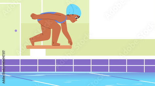 African American girl in swimming suit and hat on starting platform of pool ready to jump. Vector sport illustration