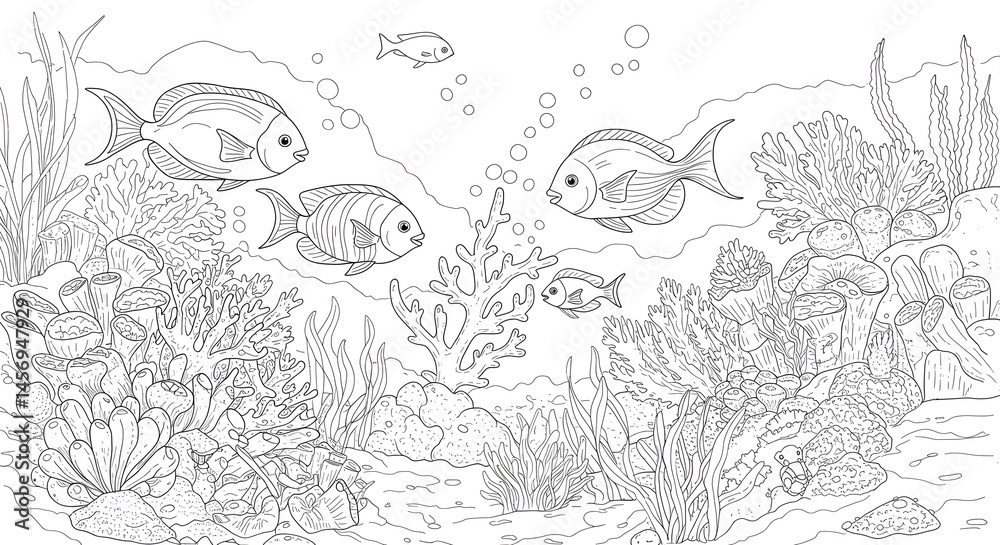 Fototapeta premium Fish Swimming Among Coral Reefs Line Art for Coloring Page