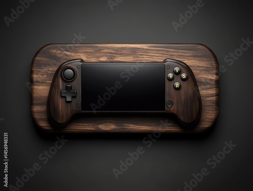 Wooden handheld gaming device displayed on a dark surface.