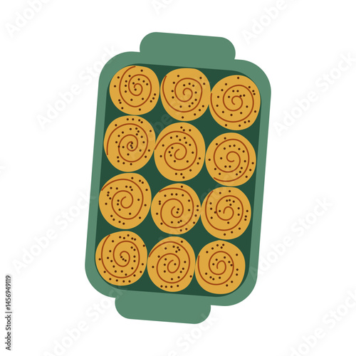 Flat vector illustration of a metal baking tray filled with freshly baked golden buns, isolated on a clean white background.