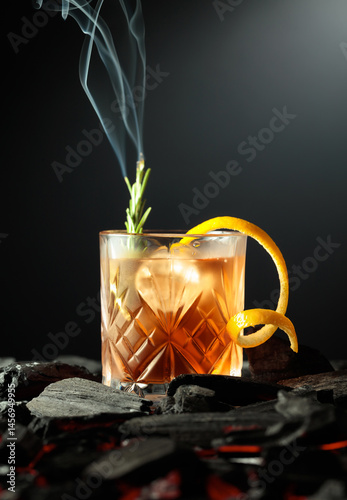 Valokuva Old-fashioned cocktail  with a burning twig of rosemary.