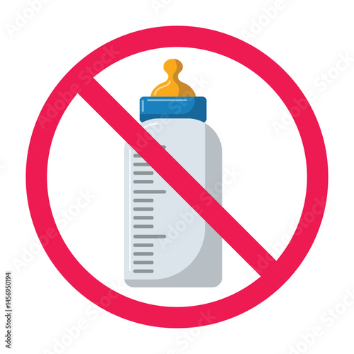 Forbidden sign with baby bottle nipple icon, no baby bottle sign, baby bottle prohibition sign, flat icon design vector illustration