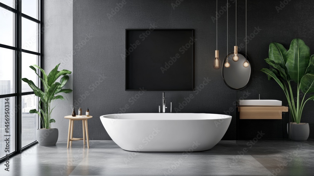 Fototapeta premium Minimalist black bathroom with freestanding tub, plants and clean contemporary style