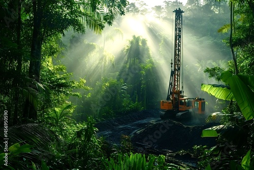 Drilling rig exploring the depths of a lush tropical rainforest