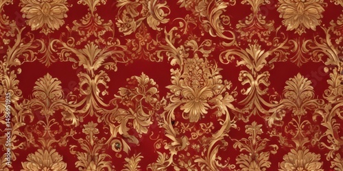 Elegant gold accents on a deep red damask  Seamless vector  Perfect for luxurious projects , sophisticated, red and gold, decorative
