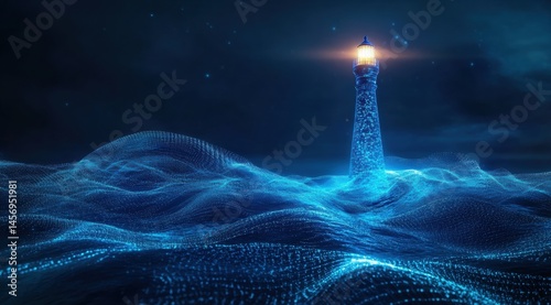 A lighthouse made of data and information waves, symbolizing the guidance in navigating through the digital sea. 