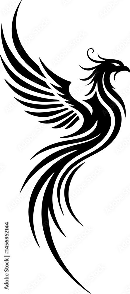 Fototapeta premium Symmetrical Phoenix Tattoo Design with Clean Emblem-Style Line Work