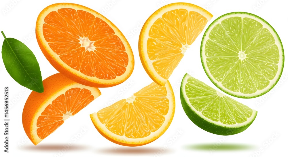 Fototapeta premium Mixed citrus fruit slices (orange, lemon, lime) in mid-air, with detailed pulp, rind, and subtle shadows, isolated on white