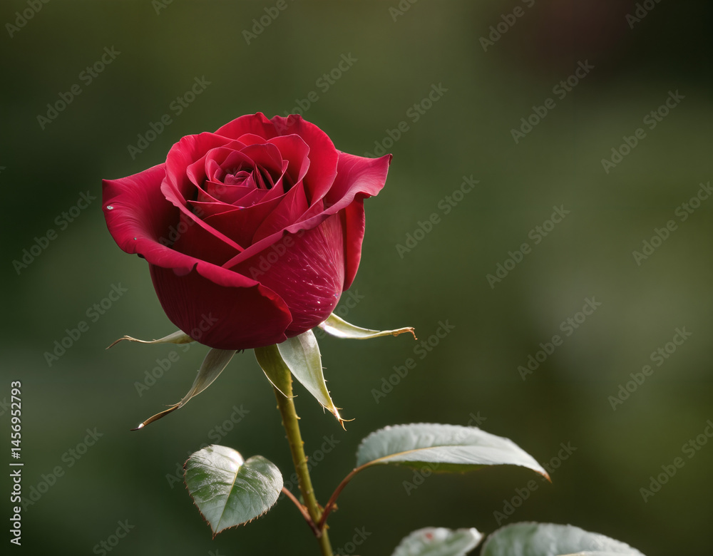 Obraz premium Elegant crimson rose blooms with grace against a soft focus green backdrop in a natural setting.