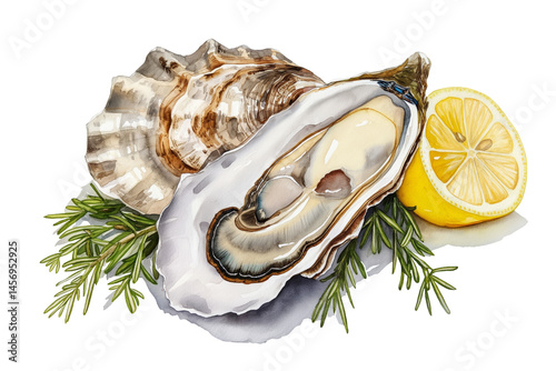 Watercolor oyster with lemon slice and herbs, gourmet seafood illustration