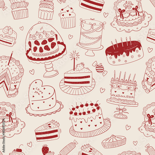 Seamless vector pattern with line art whimsical cakes illustrations. Doodle background with sweet pastry desserts. Coquette girlie texture for wallpaper, wrapping paper, textile