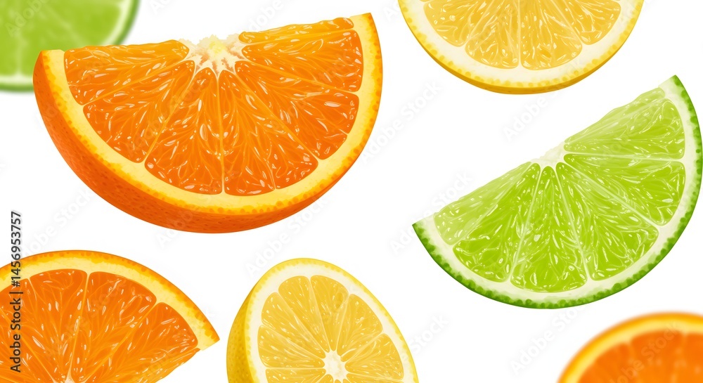 Fototapeta premium Mixed citrus fruit slices (orange, lemon, lime) in mid-air, with detailed pulp, rind, and subtle shadows, isolated on white