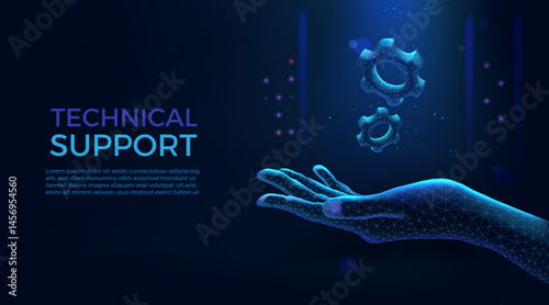Hand with gear. Tech support. Polygon engine wireframe for mechanic industry. 3D cog wheel on human palm. Business team. Blue hologram cogwheels on arm. Vector software setting background