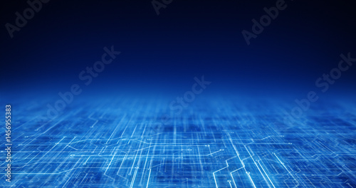 Abstract 3D render of a blue digital technology background featuring a circuit board pattern, representing modern tech and network communication.