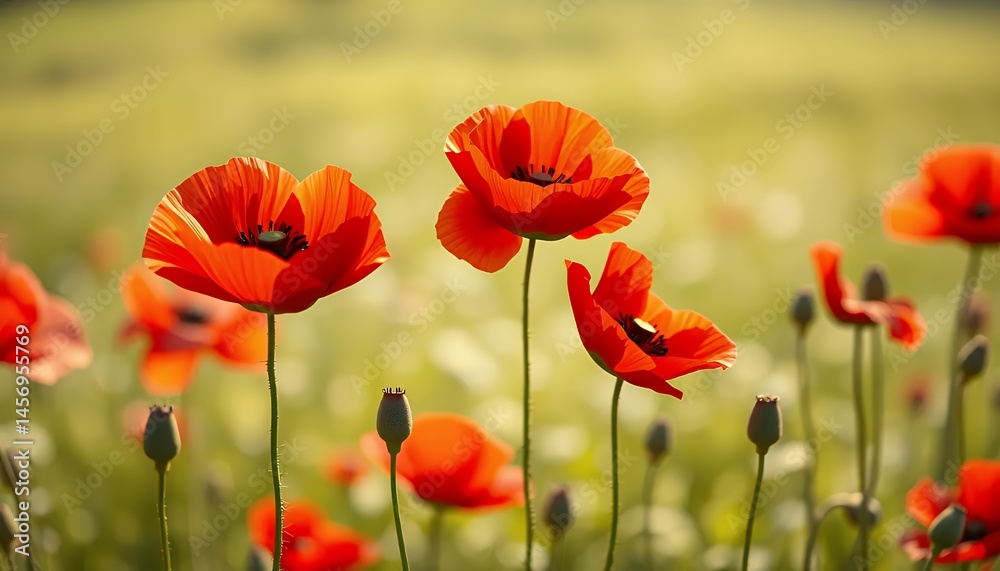 Obraz premium Vibrant Red Poppy Flowers Blooming in Sunlight Filled Green Field Emphasizing Natural Beauty and Serenity Perfect for Decoration and Remembrance Day Theme with Soft Focus Effect