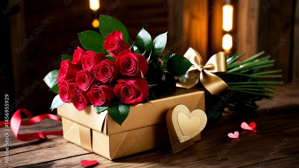 Obraz premium A bouquet of red roses in a gold box on a wooden table.